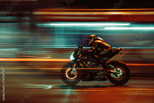 A motorcycle racer in motion blur speeding through the night