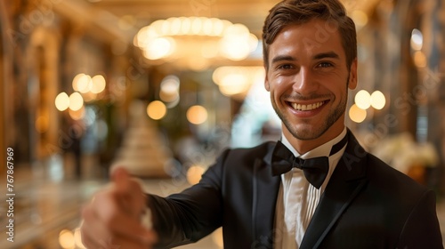 An exemplary display of hospitality unfolds as a concierge warmly welcomes guests with a radiant smile, setting the tone for exceptional service. photo