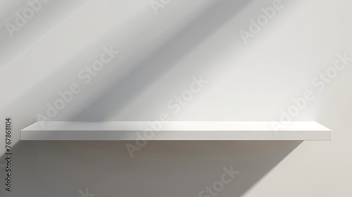 minimalistic background for product presentation. White empty shelf on a light gray wall