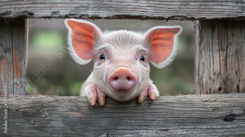 A wooden fence frames the adorable close-up of a curious piglet's snout, emphasizing the endearing nature of farm animals. photo