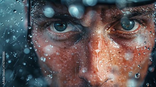 Close-up of cyclist's face covered in sweat, reflecting the physical exertion and concentration in individual sports cycling.