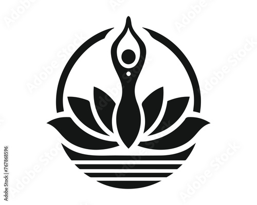 A black and white logo, a girl in a lotus flower crown