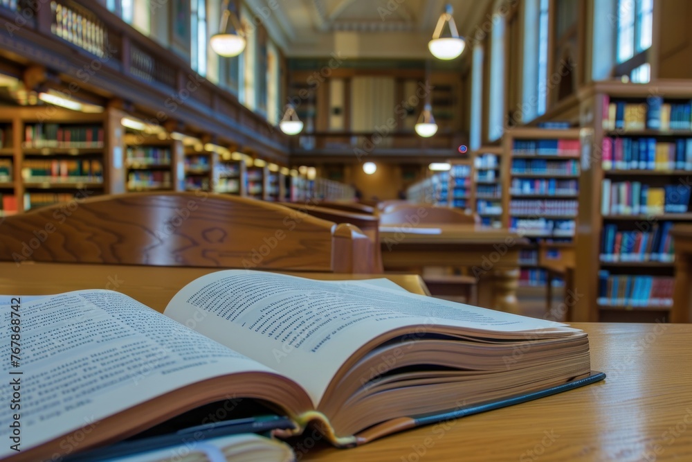 Fototapeta premium Open book on wooden table in library with blur bookshelf background. Education concept.