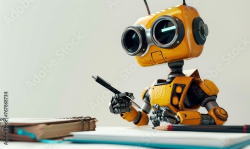 vintage robot with notebook and pencil on white background, education concept