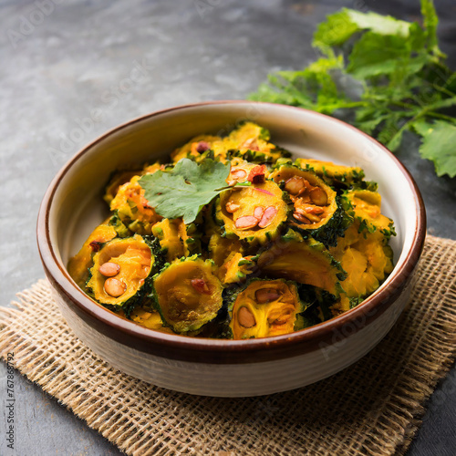 cooked bitter melon gourd or karela sabzi served in a bowl photo