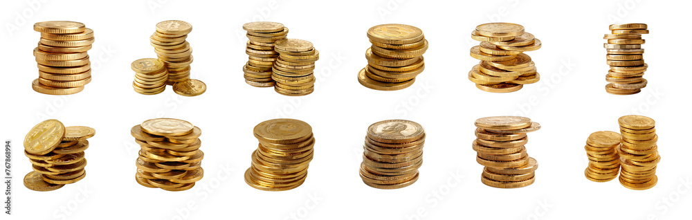 Stacks of generic golden coins isolated on transparent background. AI generated. Stacks of generic golden coins isolated on transparent background. AI generated.