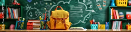 Back to school concept banner. School supplies on blackboard background.