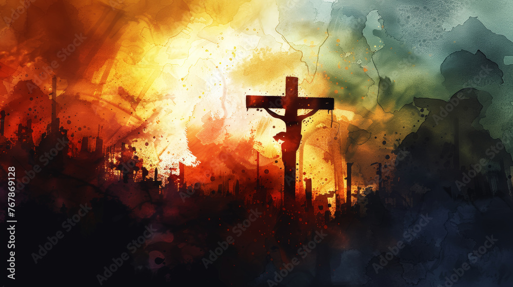 Easter crucifixion scene with silhouettes of the cross of Jesus Christ. Watercolor. Dark colours. Generative AI