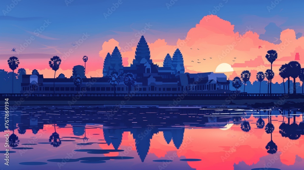 Naklejka premium iconic Siem Reap temple silhouette against red-blue sky in art depiction