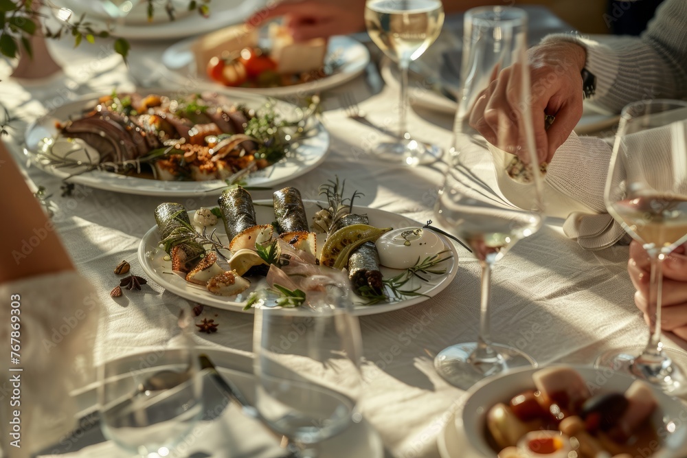 A group of people sitting at a table enjoying a meal, with plates filled with pickled herring rollmops