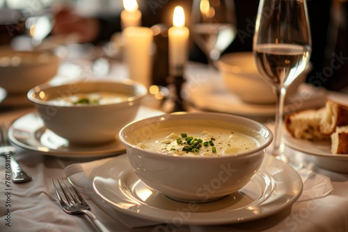 A bowl of creamy soup on a plate next to a glass of wine, set in a dining scene