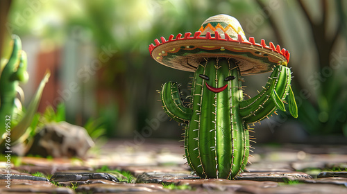 Cute cactus in sambrero in the hot desert photo