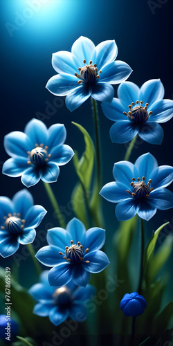 Beautiful blue flowers with yellow stamens on a dark background