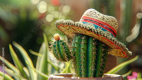 A charming cactus adorned with a sombrero amidst the blazing desert heat