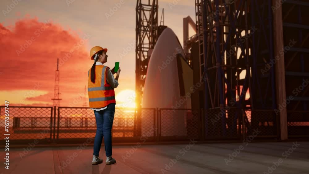 Full Body Back View Of Asian Female Engineer With Safety Helmet Working On A Green Screen Smartphone And Looking Around With Space Shuttle, Sunset Time Full Body Back View Of Asian Female Engineer With Safety Helmet Working On A Green Screen Smartphone And Looking Around With Space Shuttle, Sunset Time