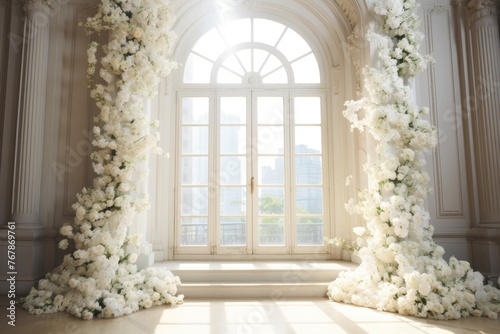 Elegant indoor wedding backdrop with white floral wreath decoration under summer sunlight