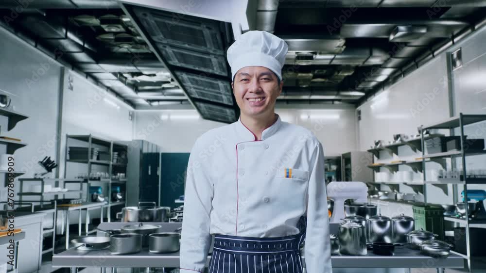 Asian Man Chef Standing And Smiling To Camera In Kitchen