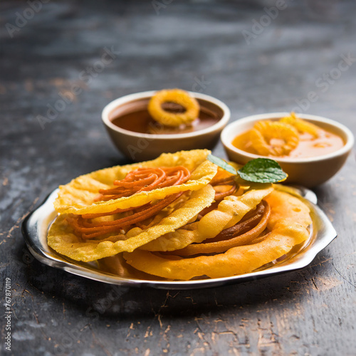 crispy fafda with sweet jalebi is an indian photo