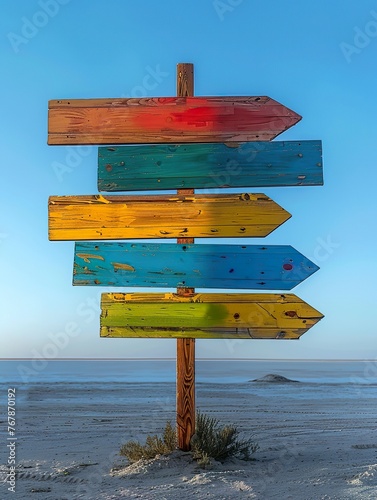 Positioned in solitude, a wooden signpost emerges with 4,5,6 arrows colors