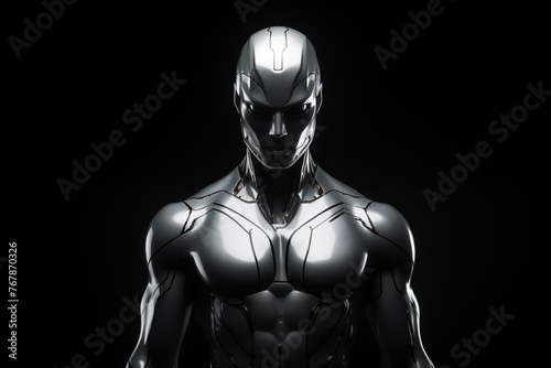 AI realistic Cyber human, superhuman, robot in futuristic and dark background. Technology concept.