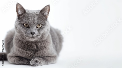 White background with a beautiful grey cat