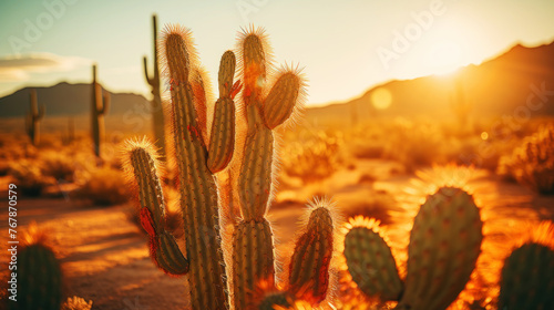 Close-up of different cacti against a desert background. Sweltering heat. Desert landscape. Generative AI