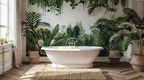 A luxurious white jungle bathtub surrounded by various lush green plants