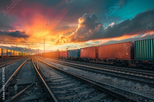 A commercial logistics freight train carrying containers travels down train tracks under a cloudy sky