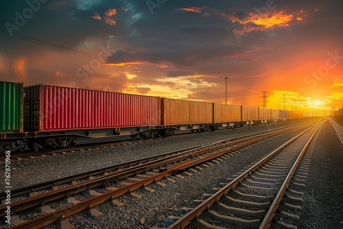 A commercial logistics train is seen traveling down train tracks under a cloudy sky, carrying freight containers