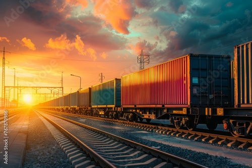 A commercial logistics freight train carrying containers moves down train tracks under a cloudy sky