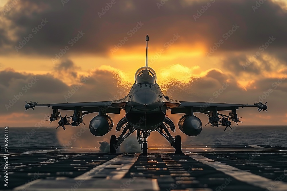 Front view of an F-16 fighter landing and taxiing on an aircraft carrier runway. Cloudy evening sky and sea horizon in the background. - obrazy, fototapety, plakaty 