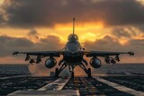Front view of an F-16 fighter landing and taxiing on an aircraft carrier runway. Cloudy evening sky and sea horizon in the background.