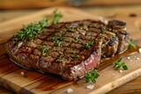 A grilled ribeye steak is displayed on a wooden cutting board, garnished with fresh parsley leaves