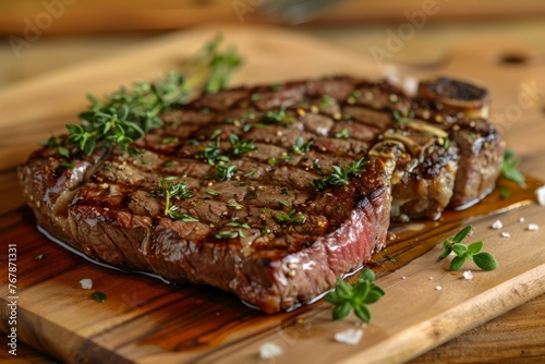 A grilled ribeye steak is displayed on a wooden cutting board, garnished with fresh parsley leaves