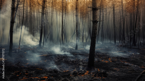 Wild forest fire. Burned trees after forest fires, lots of smoke. Natural disasters concept. Generative AI © AngrySun