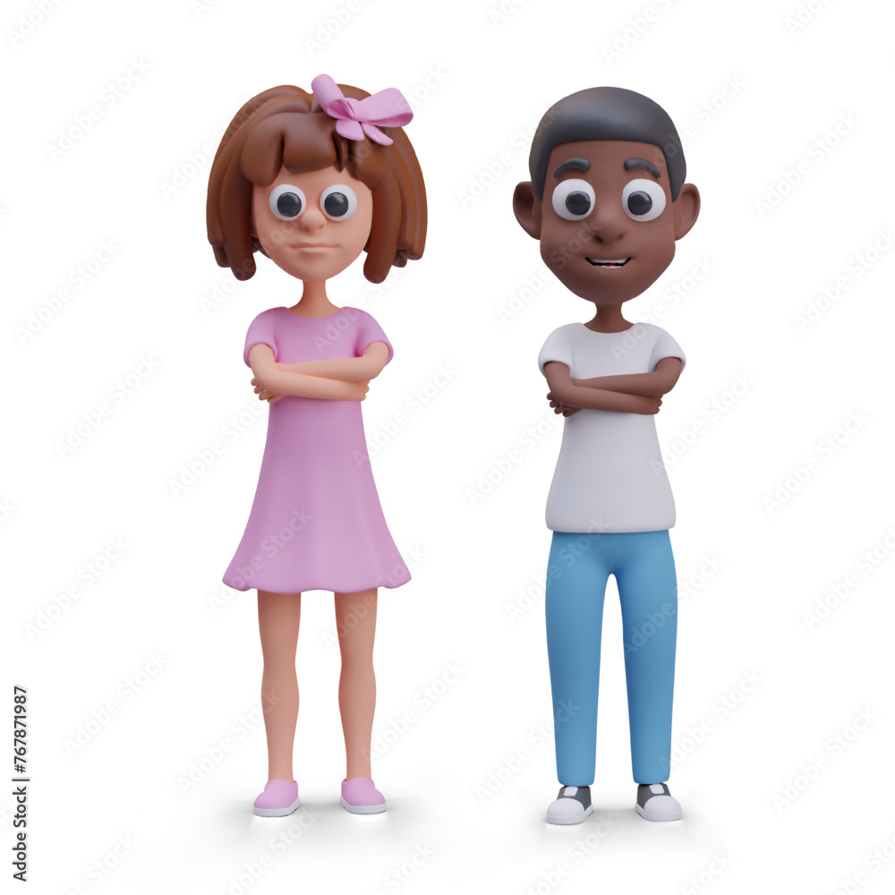 Vector girl and boy standing with arms crossed on chest. Children of different genders and races Vector girl and boy standing with arms crossed on chest. Children of different genders and races