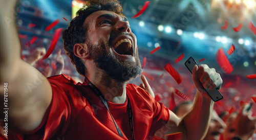 a man in red jersey cheering with his friends at the stadium while holding an iphone, people wearing spanish national team football jerseys, cheering crowd of fans celebrating