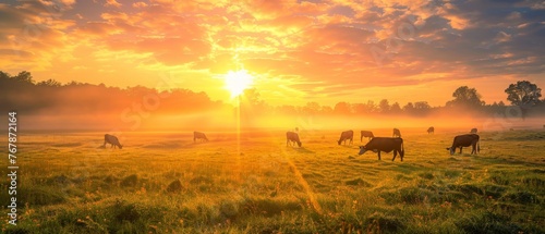 With the sun rising in the background, cattle graze in a field.