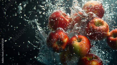 A bunch of ripe apples, with water droplets, falling into a deep black water tank. Generative AI illustration 
