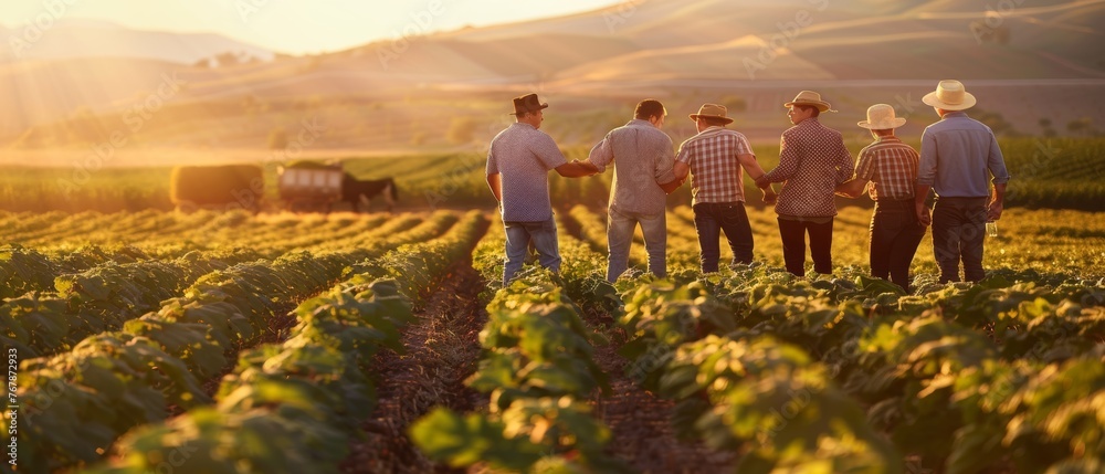 Naklejka premium Farmer in a field shaking hands with his family.