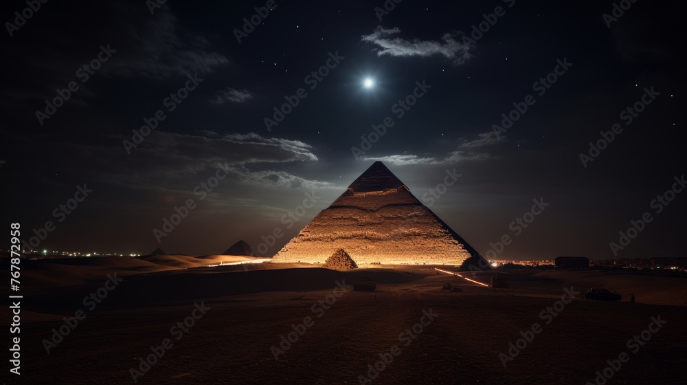 Majestic pyramid atop mountain glowing under moonlight, creating a captivating scene