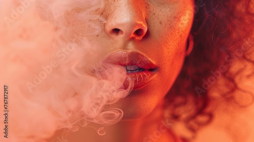 Close-up of a woman's lips exhaling smoke with a warm, orange tone to the image