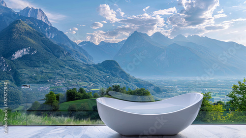 Luxurious white bathtub against the backdrop of beautiful mountains