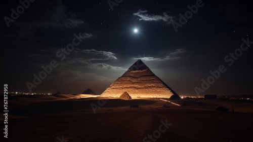 Majestic pyramid atop mountain glowing under moonlight  creating a captivating scene