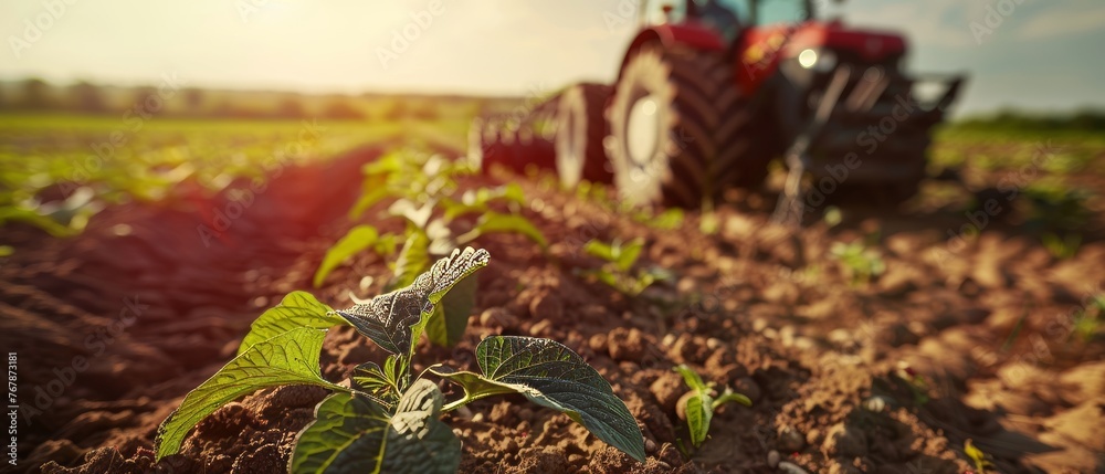 Plantation of a young potato of the Riviera variety Type cultivated on the ground of a farm field by a farmer on a tractor. Loosening the soil for better air circulation for the roots of the plants. - obrazy, fototapety, plakaty 