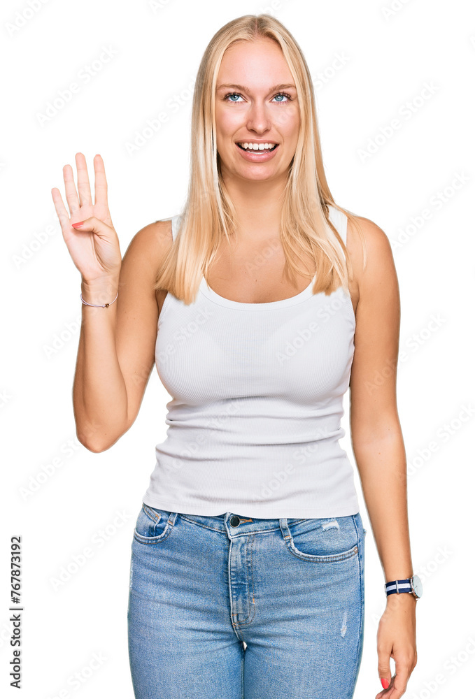 Young blonde girl wearing casual style with sleeveless shirt showing and pointing up with fingers number four while smiling confident and happy. Young blonde girl wearing casual style with sleeveless shirt showing and pointing up with fingers number four while smiling confident and happy.