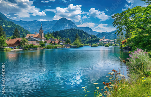 A panoramic view of a town with the iconic church and lake in Austria