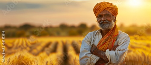 Hands folded in wheat field, an Indian farmer is worry-free