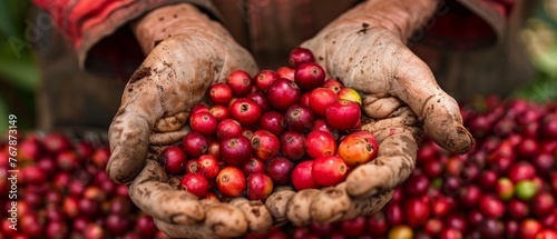 Agriculturalists holding arabica and robusta coffee berries, Gia Lai, Vietnam photo