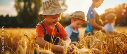 Fields of wheat being examined by young farmers